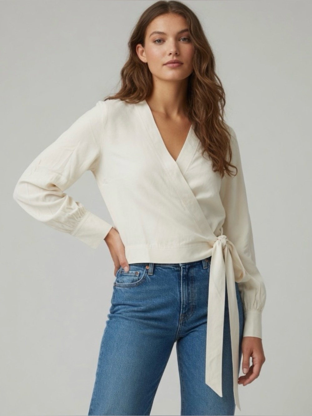 NWOT Everlane Cream Washable Silk Wrap Blouse with side tie